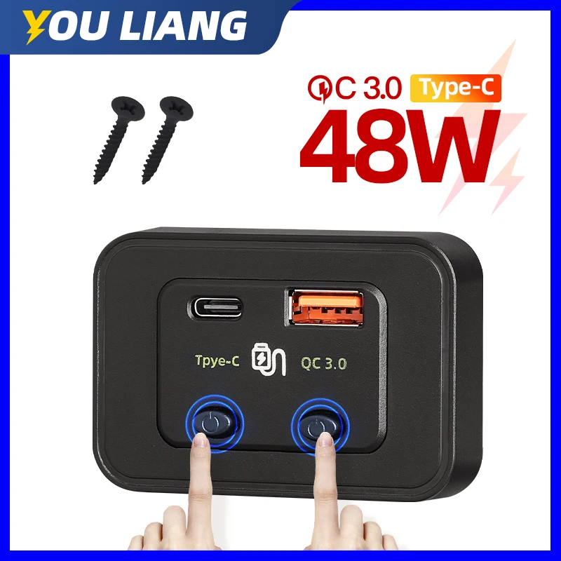 48W Quick Charger QC USB Type C 12V/24V With On/off Button for Car Vehicles Boat SUV Bus Truck Caravan Marine Adapter Modified