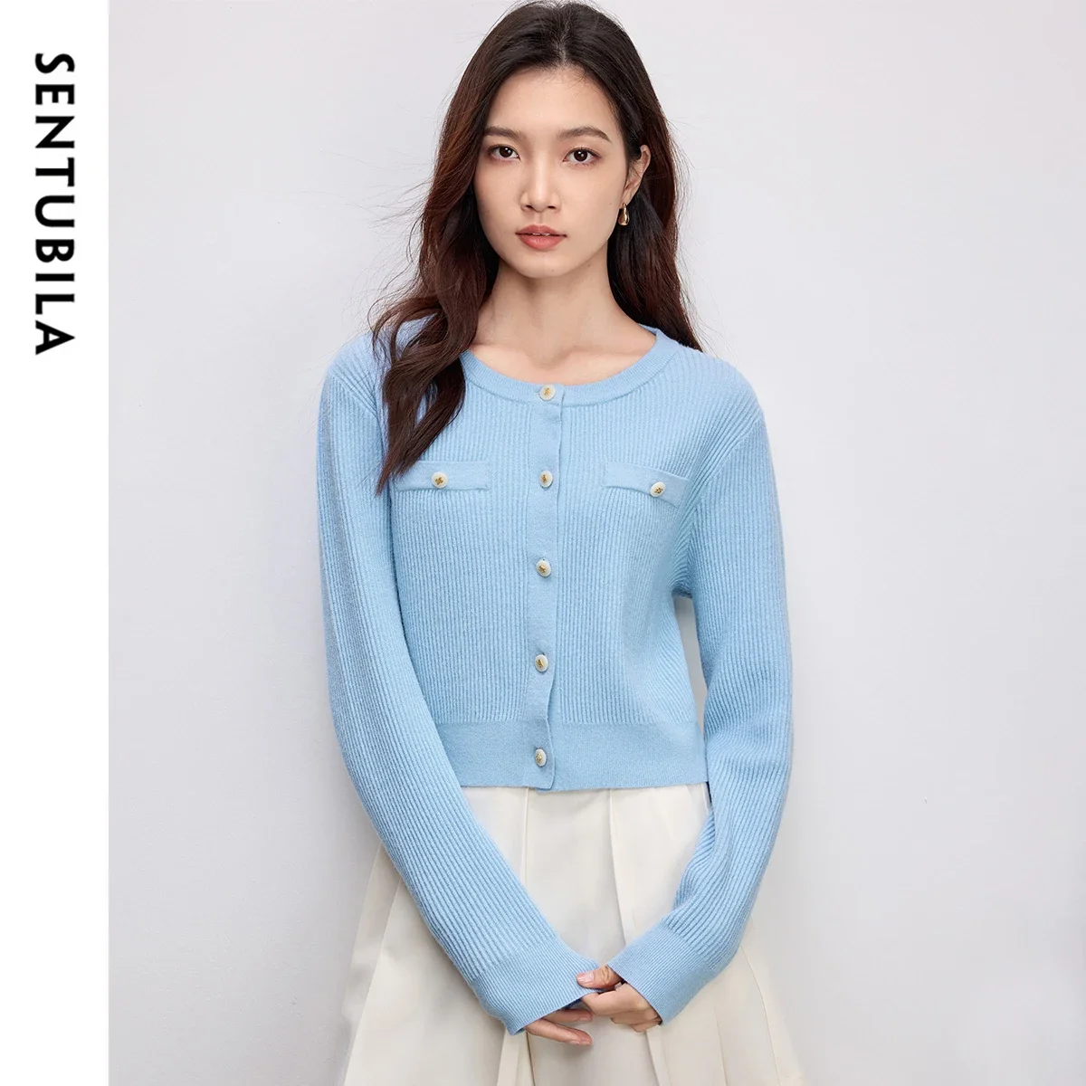 

SENTUBILA Womens Elegant Cardigan Ladies Knitwear 2025 Spring Fall Crewneck Long Sleeve Knit Tops Woman Female Clothes W51H59435