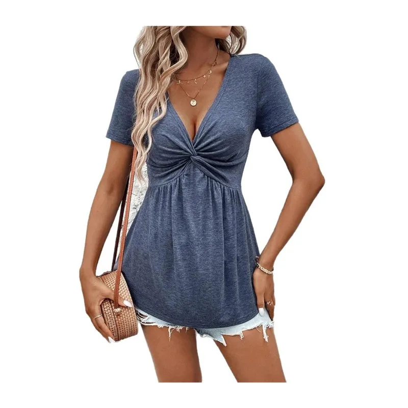 Women's WaistCinched V-Ne ort Sve T-irt Bestseller Summer Top Polyester Pure Color Folded Hemline