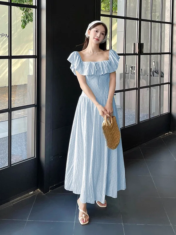 

Retro Polka Dot Print Ruffled Sleeve Off-the-shoulder Blue Dress For Women's Casual Country Style Lace-up Bow Dress Japan Korean