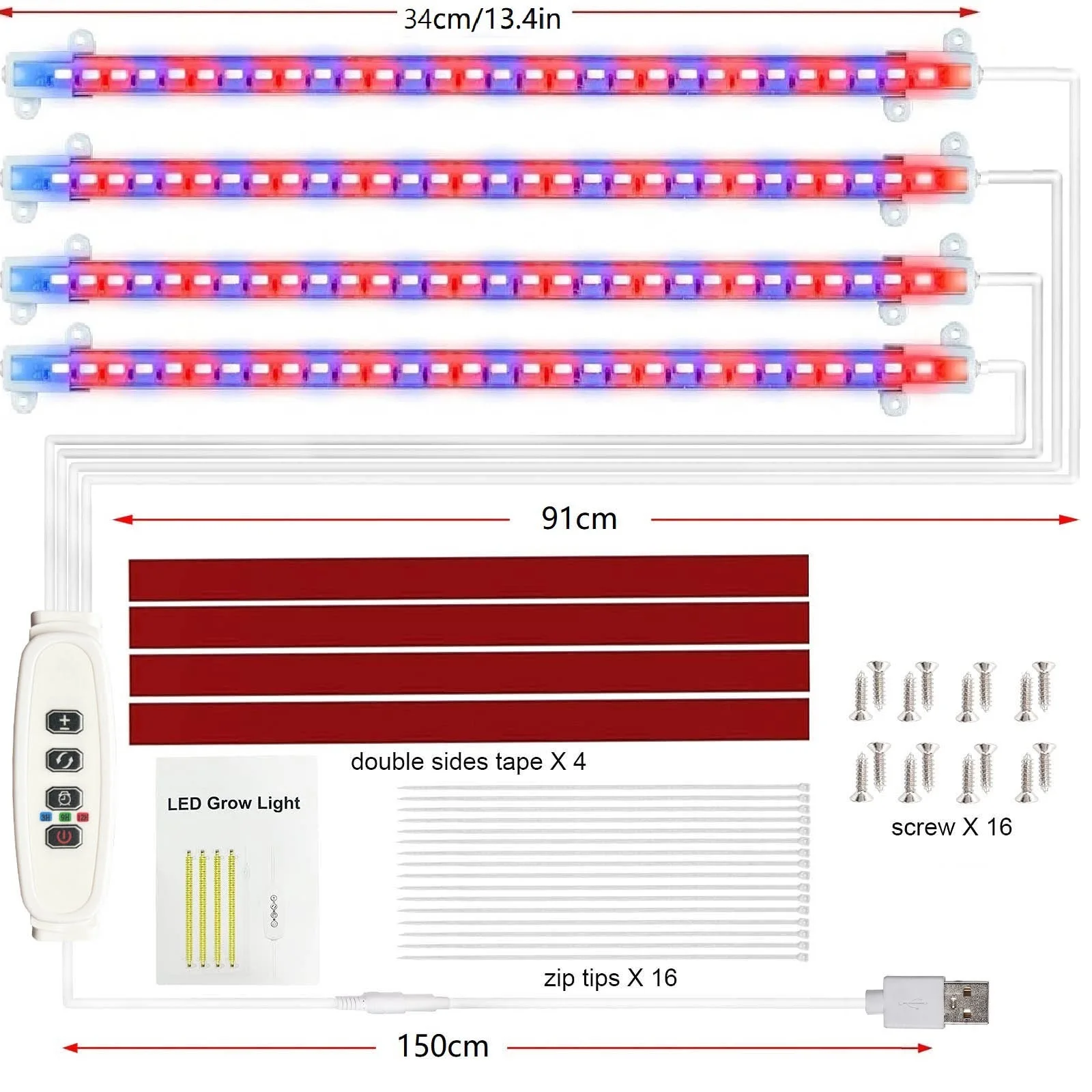 실내 식물용 성장 조명 스트립, 조도 조절 LED 피토 램프, 적색 및 청색 성장 USB 플러그 모종, 타이머 3 H, 9 H, 12H