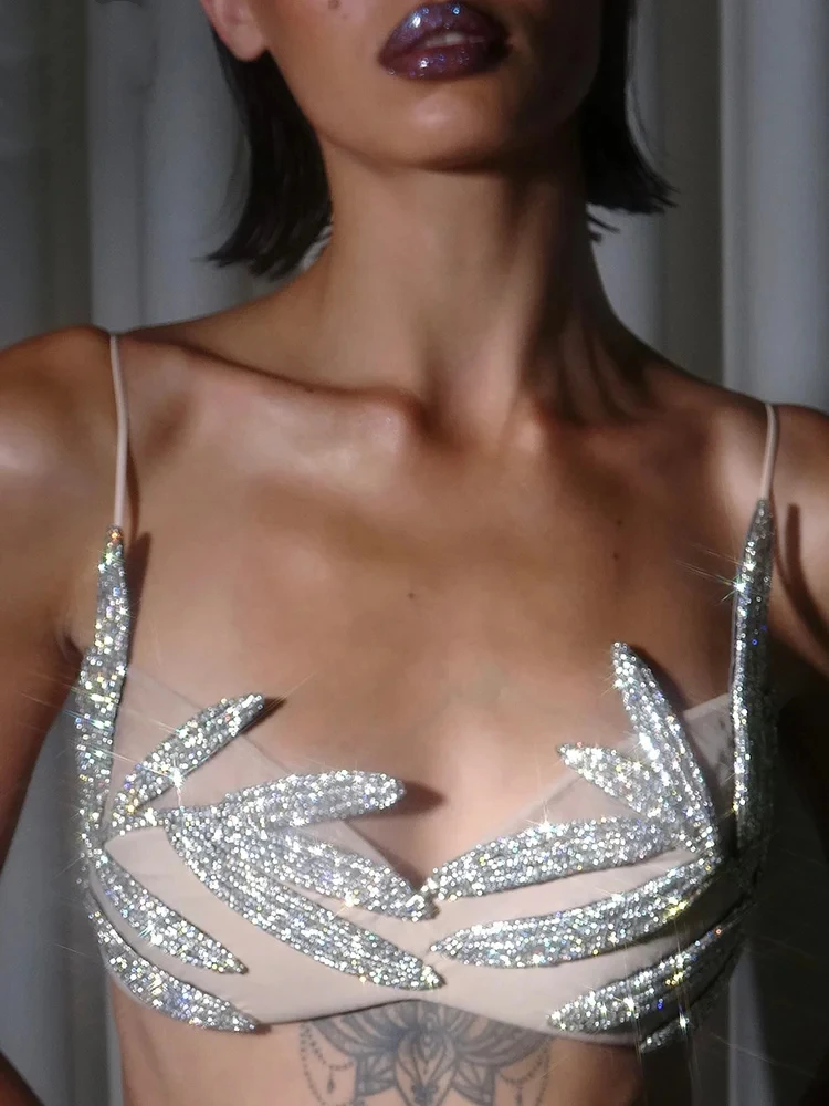 

Sexy Bikini Bustier Bra Corset Shiny Spaghetti Backless Appliques Tank Tops Diamond Chain Sleeveless Crystal CropTop