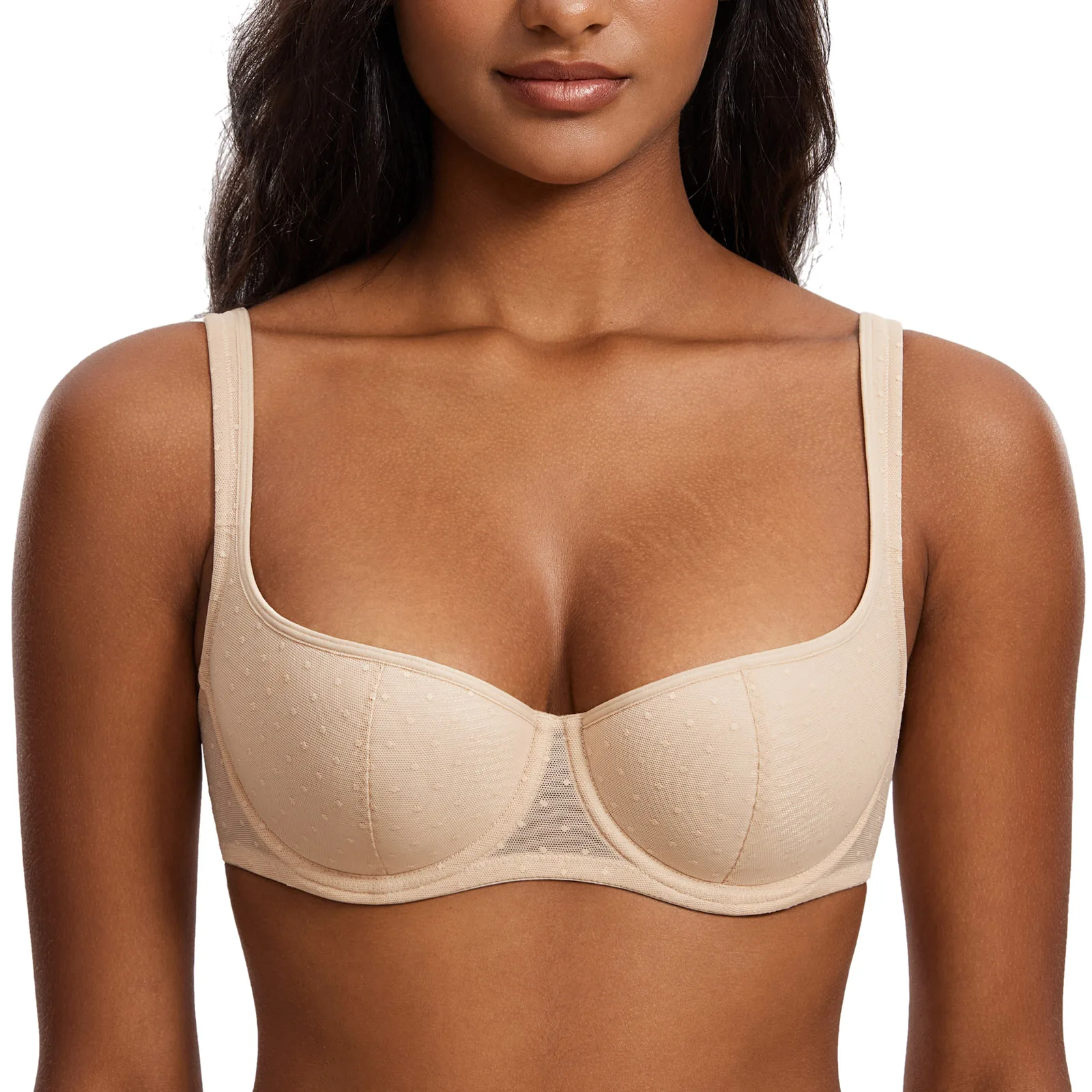 Women's Balconette Bra Sexy Plus Size Lightly Padded Mesh Demi Underwire Bras Wide Cushioned Straps