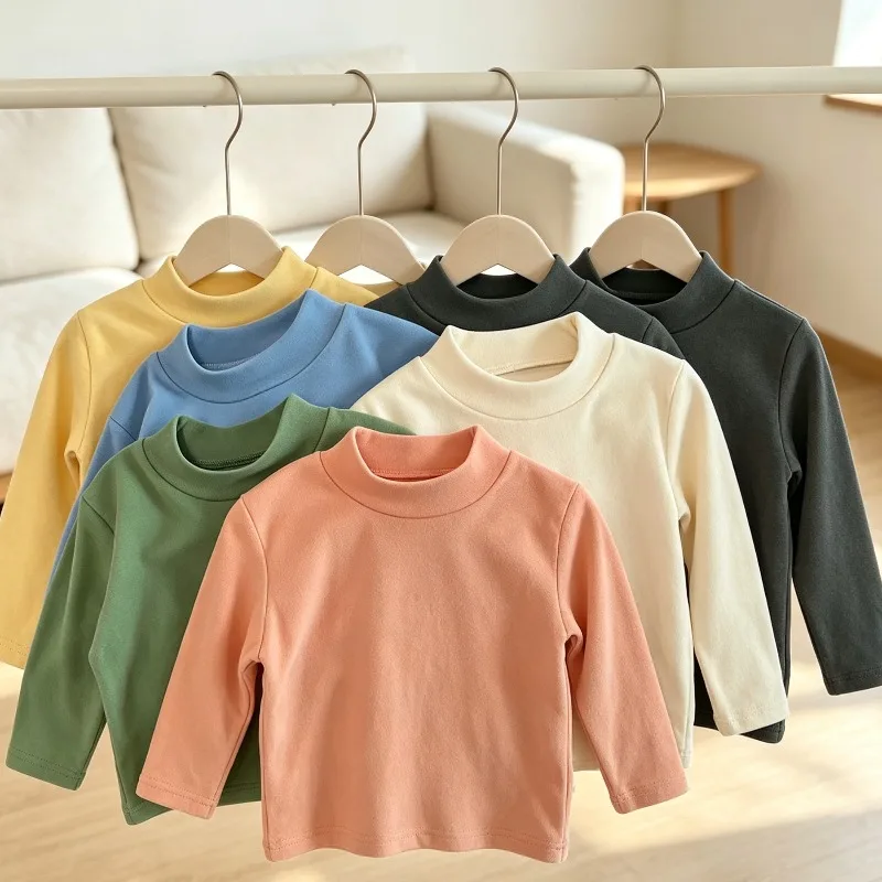 Winter Baby Warm Top Boys Girls Velvet Inner Solid Color Bottom Children's Half High Collar Long Sleeve T-shirt Kids Clothes