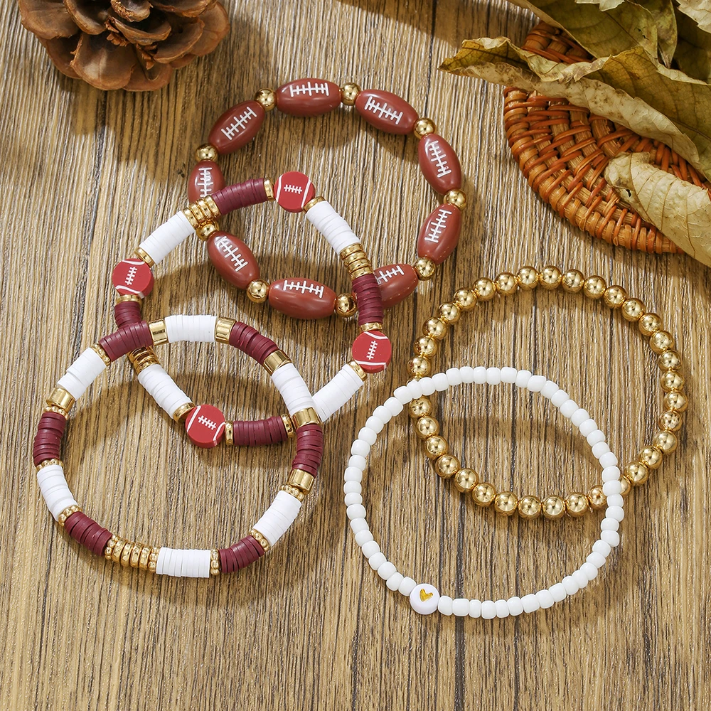 New Rugby Pendant Bracelet Game Day Beaded Sports Element Bracelet Stackable Elastic Design Bangle Sports Fan Party Jewelry Gift