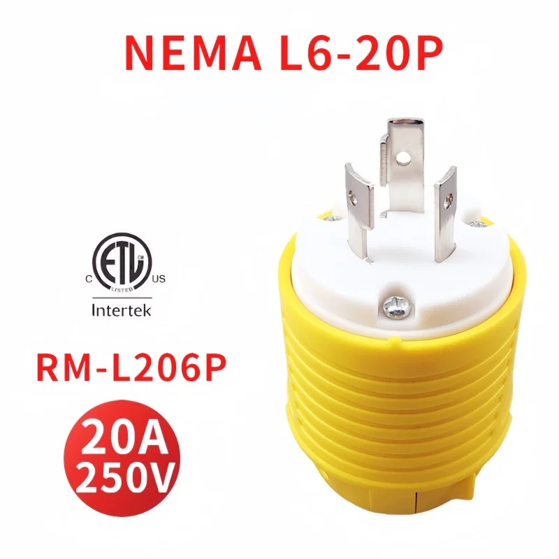 Промышленный класс NEMA L6-20P, запирающий штекерный разъем, 20 А, 250 В, L6-20R, тип заземления переменного тока, поворотный замок, рейтинг ETL