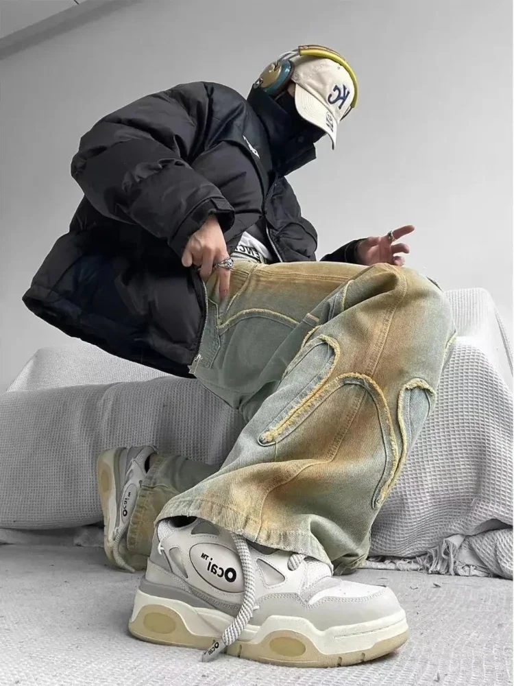 New High Street Vintage Baggy Jeans Washed and Old Y2K Men and Women Sagging Streetwear Hip-hop Straight Jeans Long Pants Korean