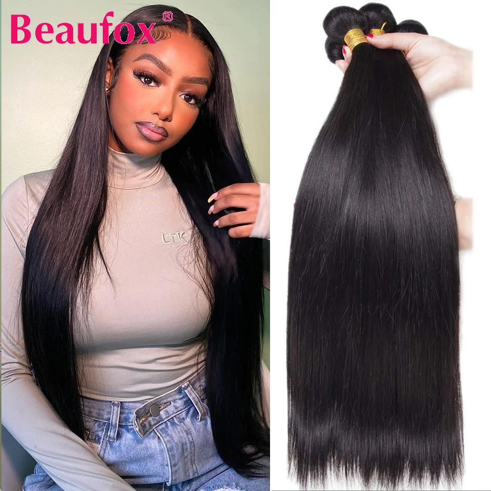 Beaufox Straight Human Hair Bundles 32 inches 3/4 Bundles Deal Brazilian Hair Weave Bundles Remy Human Hair Extensions For Women