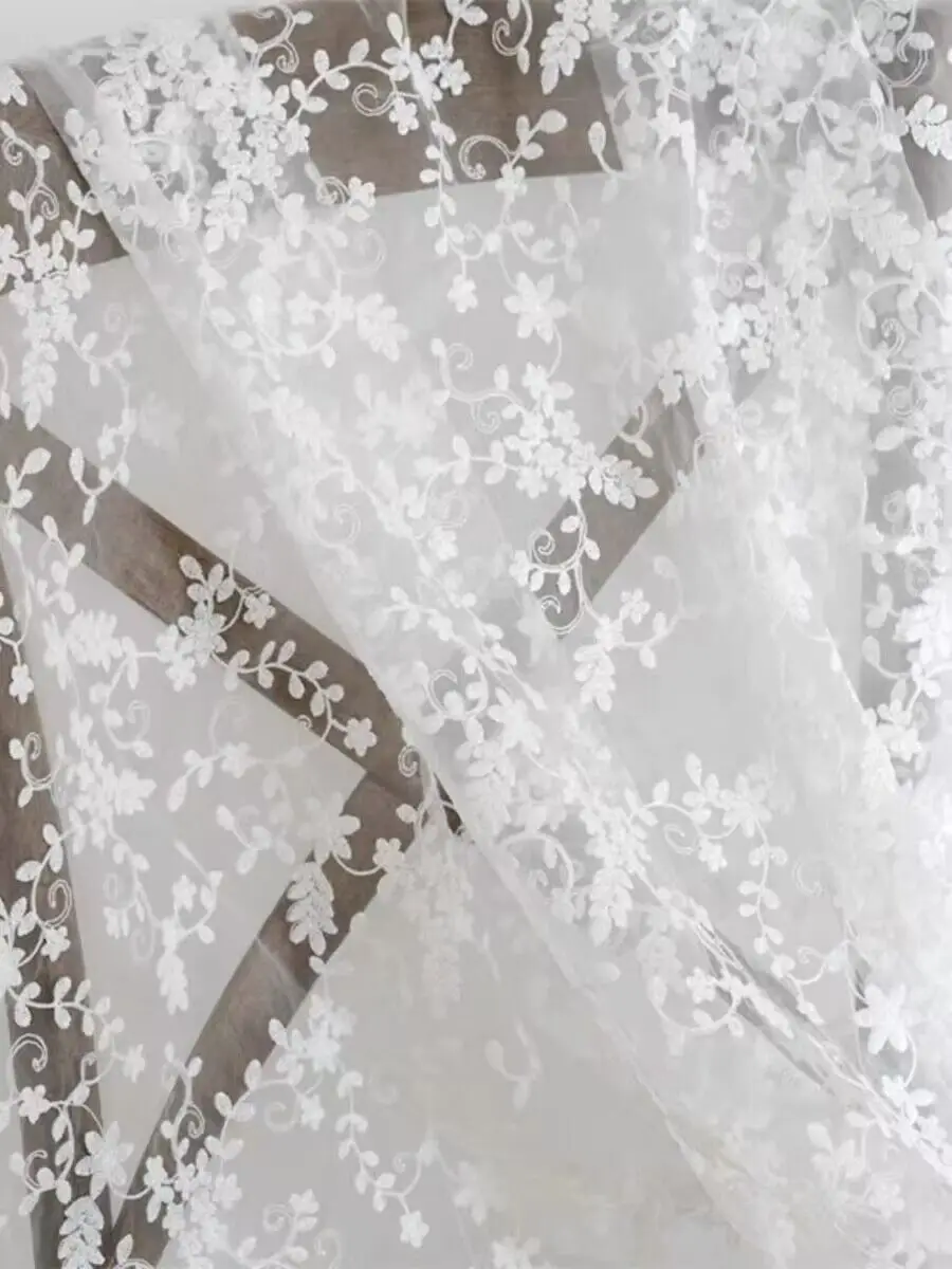 1yard White organza embroidery cloth bud silk yarn wedding dress lace fabric background cloth curtain tablecloth handmade diy