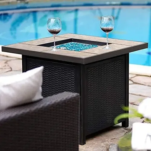 BALI OUTDOORS Propane Gas Fire Pit Table 32 inch 50,000 BTU Square Gas Firepits for Outside, Brown fire pit table outdoor