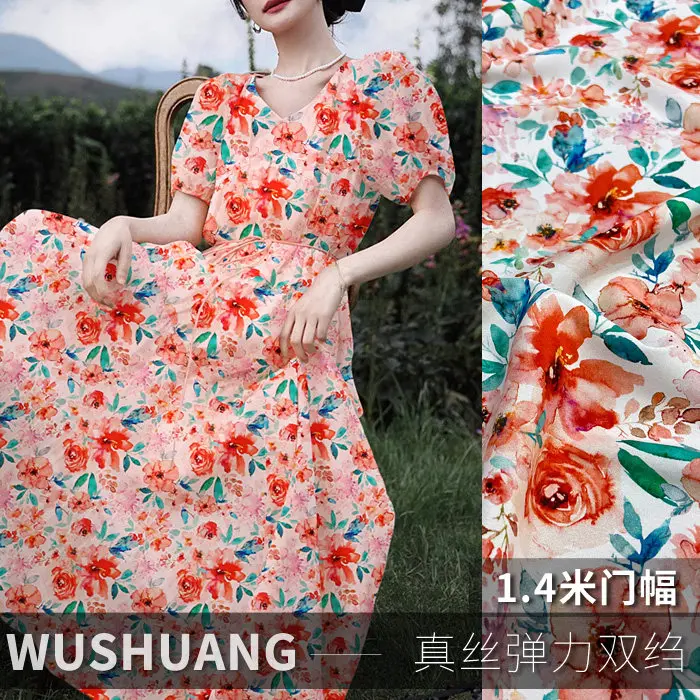 Red & Pink Cherry Blossom Floral Print Silk Stretch Crepe De Chine Fabric Mulberry Silk Material For Dresses 140cm Wide Blouse