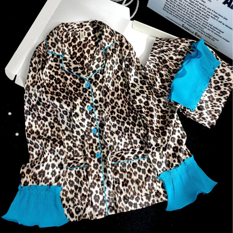 2025-printemps-automne-classique-luxe-leopard-bleu-manchette-femmes-deux-pieces-ensemble-glace-soie-pyjamas-a-manches-longues-pantalon-chemise-de-nuit-vetements-de-nuit