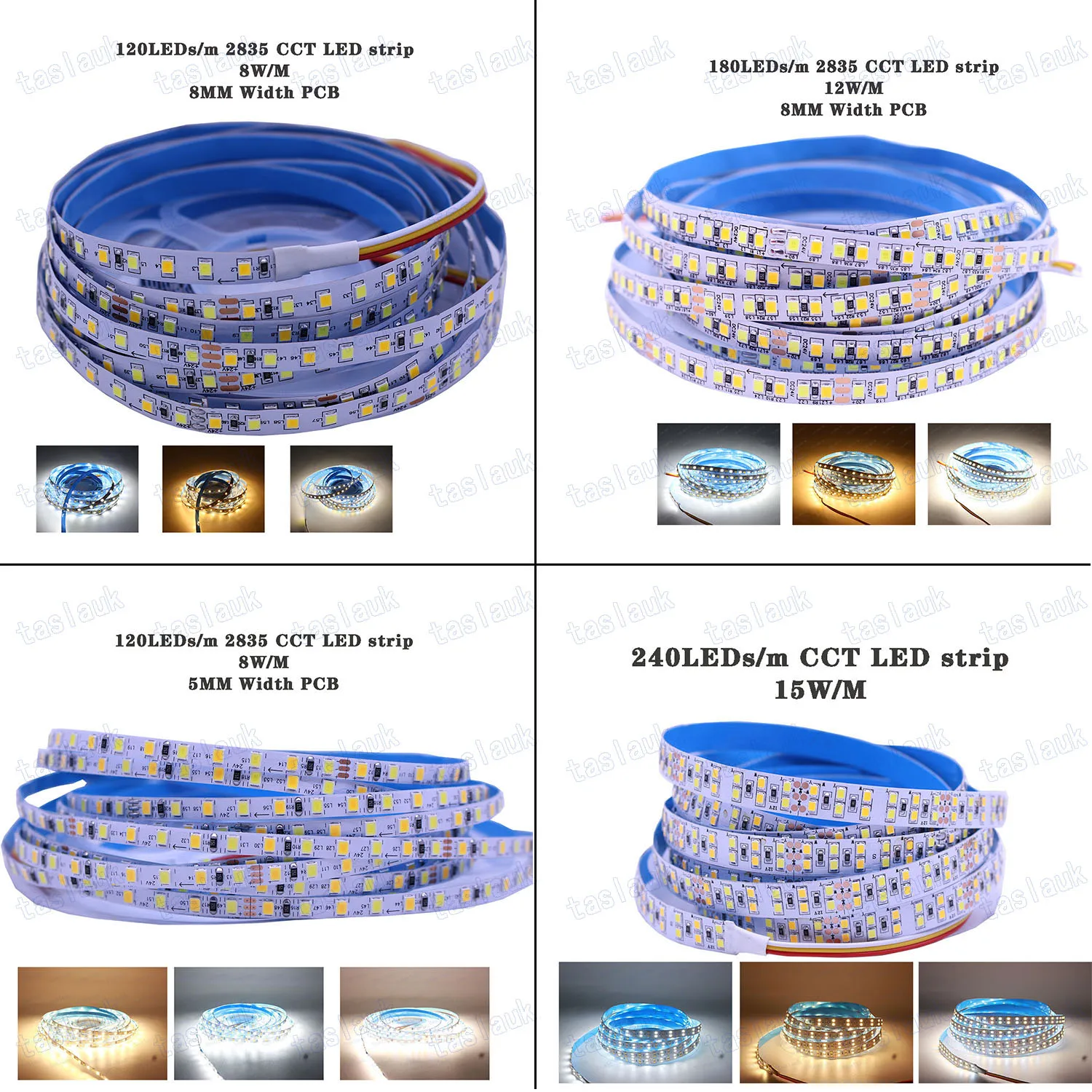 CCT 따뜻한 흰색 밝기 조절 LED 스트립 조명, 5M 2835, 5mm, 8mm, 12mm, 12V, 24V, DC WW, CW, 색 온도 조절 가능, 유연한 테이프 리본