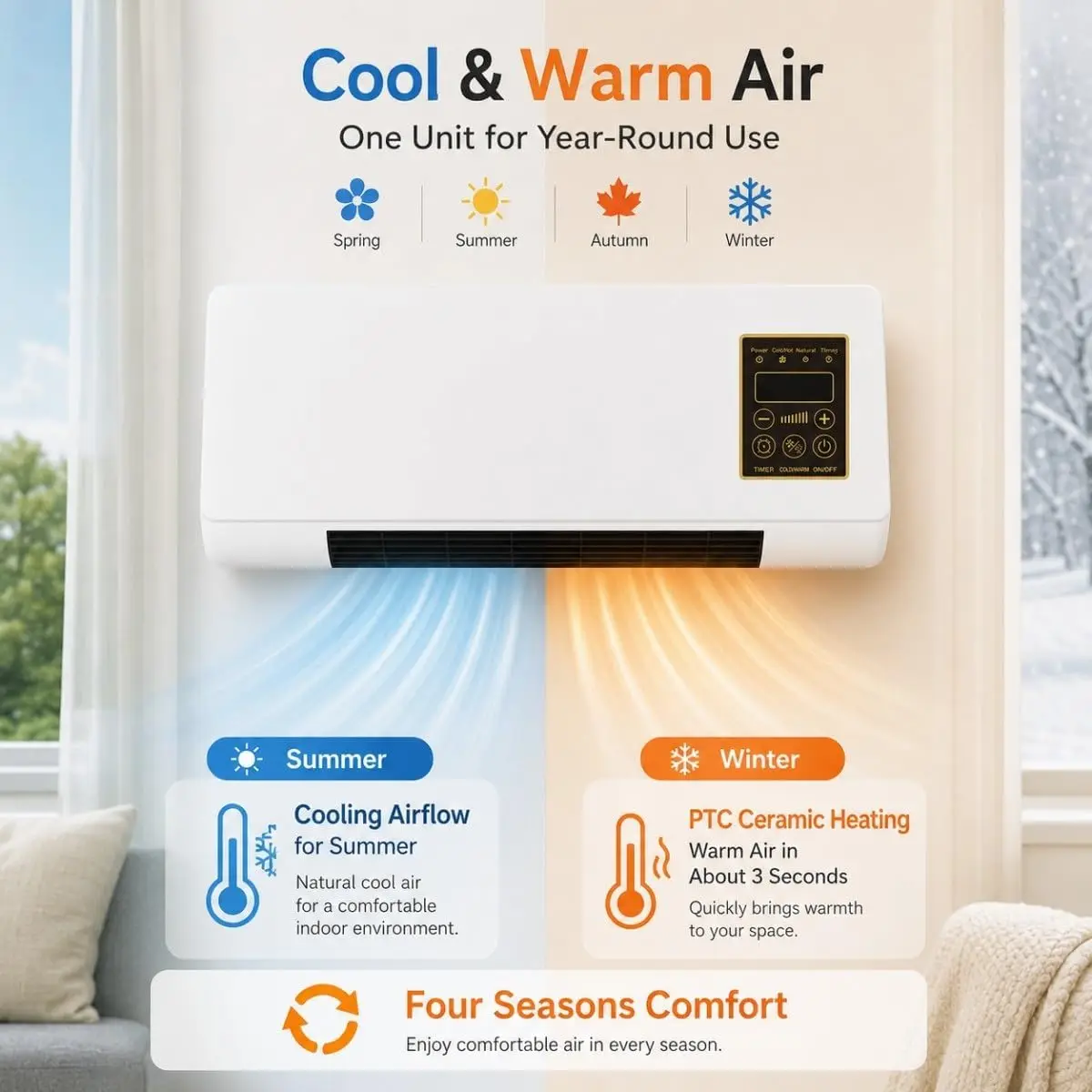 2 in 1 Wall Mounted Air Conditioner Fan, Wall Mounted Heater with Remote Control, Cooling and Heating Fan for Bedroom Bathroom Office Small Room