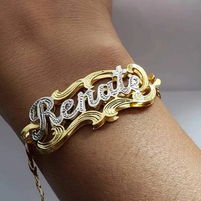 Customized Name Bangles Two Tone Gold Plated Stainless Steel 18K Gold Personalized Name Bracelets For Women Fashion Jewelry