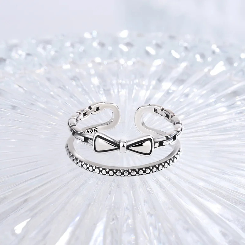 

New Retro Chain Double Bow 925 Sterling Silver Temperament Personality Sweet Hot Girl Opening Rings TYB022