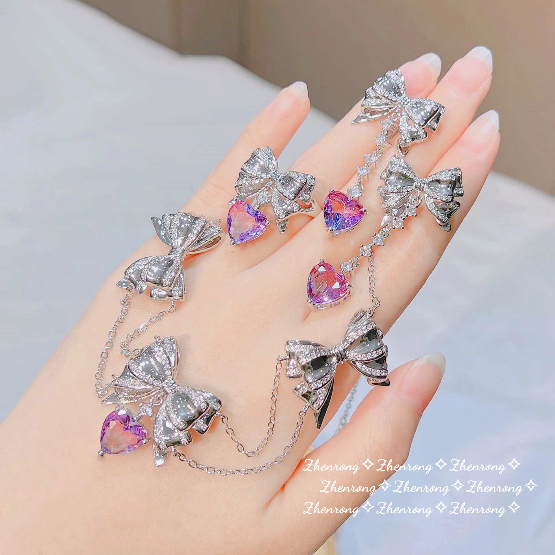 Foydjew 소녀용 럭셔리 지르콘 반지, 보라색 나비 매듭 목걸이, 술 귀걸이, 사랑 하트, 달콤한 멋진 쥬얼리 세트