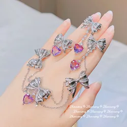 Foydjew Luxury Gradual Change Purple Zircon Rings Bowknot Necklaces Tassel Earrings Love Heart Sweet Cool Jewelry Sets For Girl
