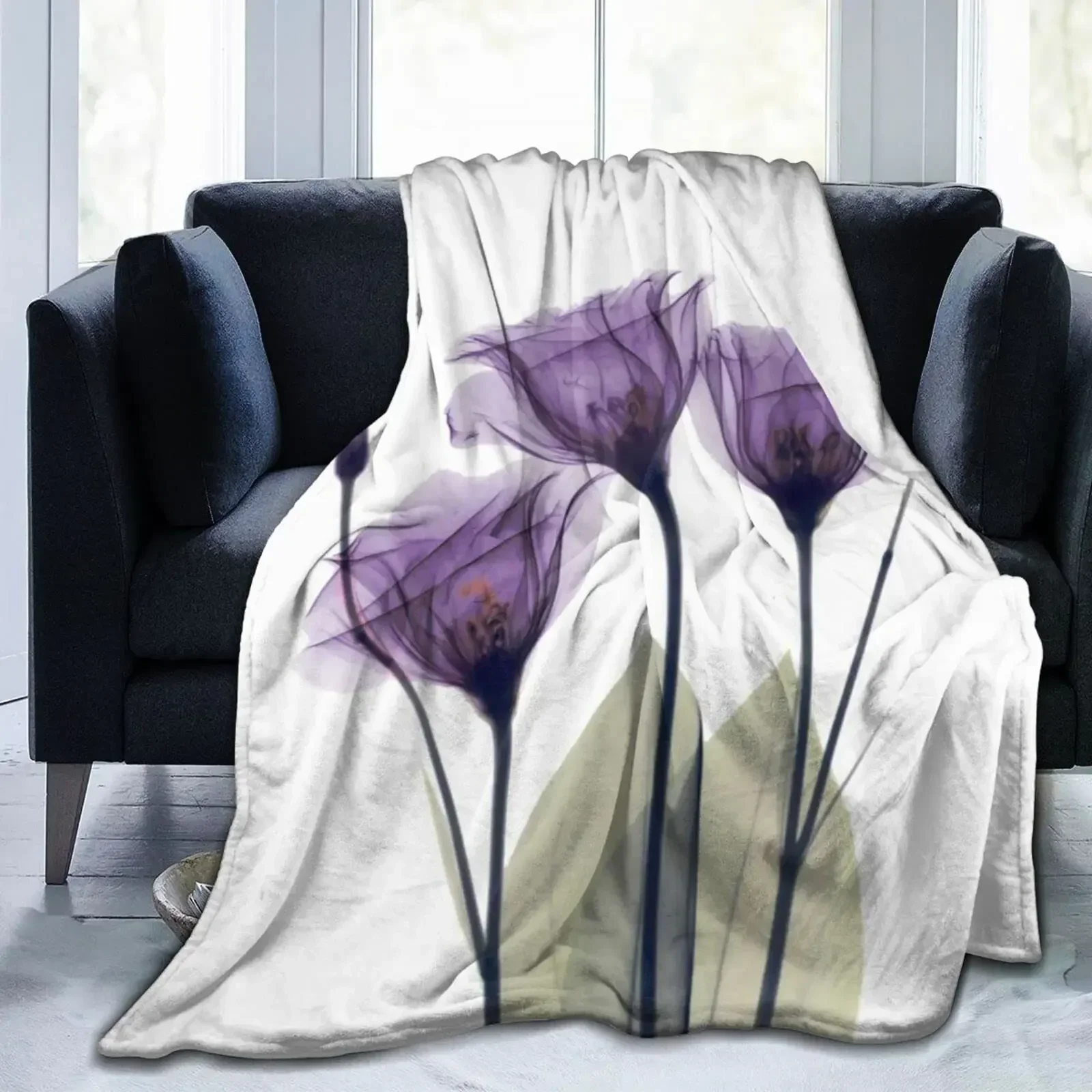 Purple Tulip Flowers Throw Blanket Ultra Soft Warm All Season Decorative Flannel Blankets for Bed Chair Car Sofa Couch Bedroom