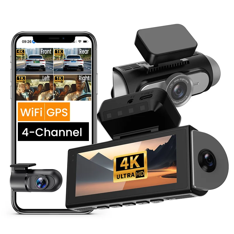 2026 WiFi GPS Car DVR Cam Video Recorder Fisheye 360° Panoramic 4CHs Dash Camera 4K 2160P 24H Parking Monitor Super Night Vision