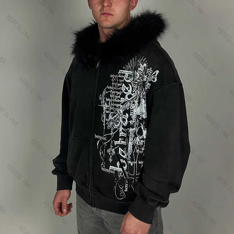Y2k Felpa con cappuccio versatile con cerniera vintage gotico High Street Fashion Autunno e inverno Comode felpe versatili per uomo e donna emo
