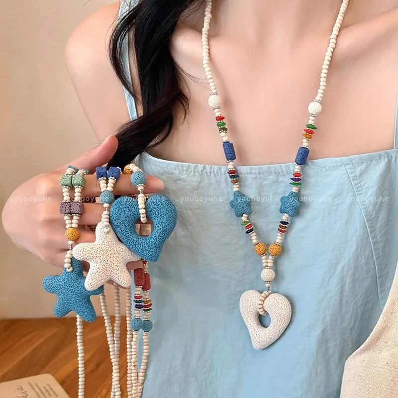 Collier de perles Dopamine, pierre volcanique colorée, cœur, étoile de mer, ras du cou, longue plage, bijoux d'été