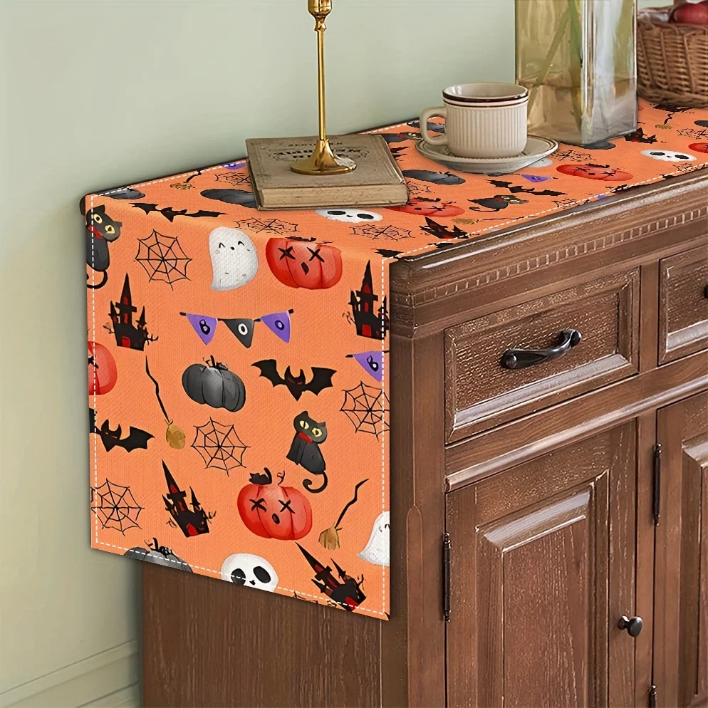 1 Piece of Halloween-Themed Table Runner with Bat, Spider Web, Ghost, Pumpkin, Head, and Castle Patterns, Suitable for Parties, Restaurants, Homes, Markets, and Holiday Decoration Scenes.
