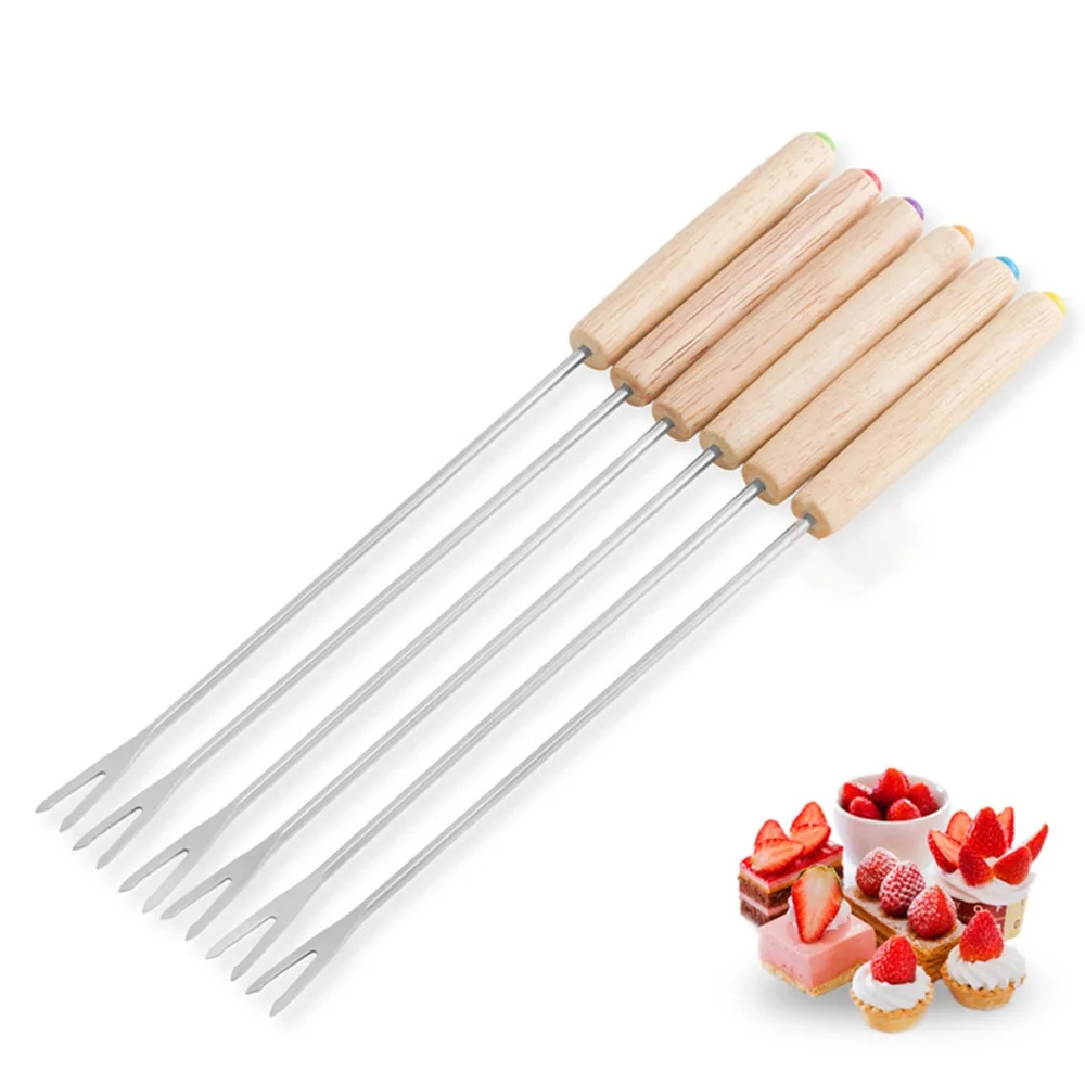 6pcs Portable 9.45in Fondue Fork Rustless Wooden Handle Dessert Fork Heat Insulated Color Coded Cheese Fork Kitchen Use