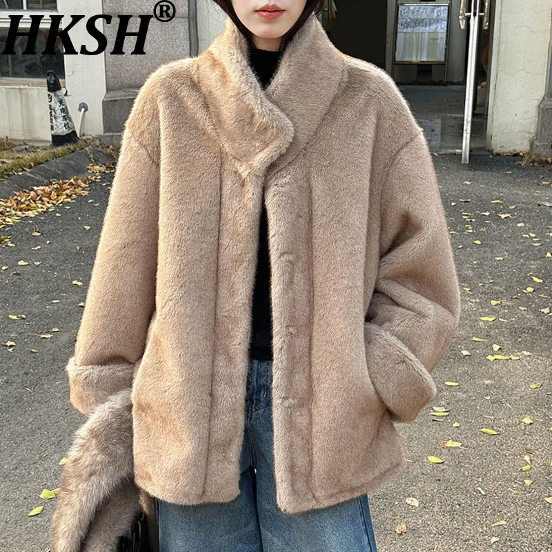 Hksh inverno novas mulheres casaco de pele do falso gola bolsos coreano high-end luxo elegante versátil casual ins jaqueta quente hk17527