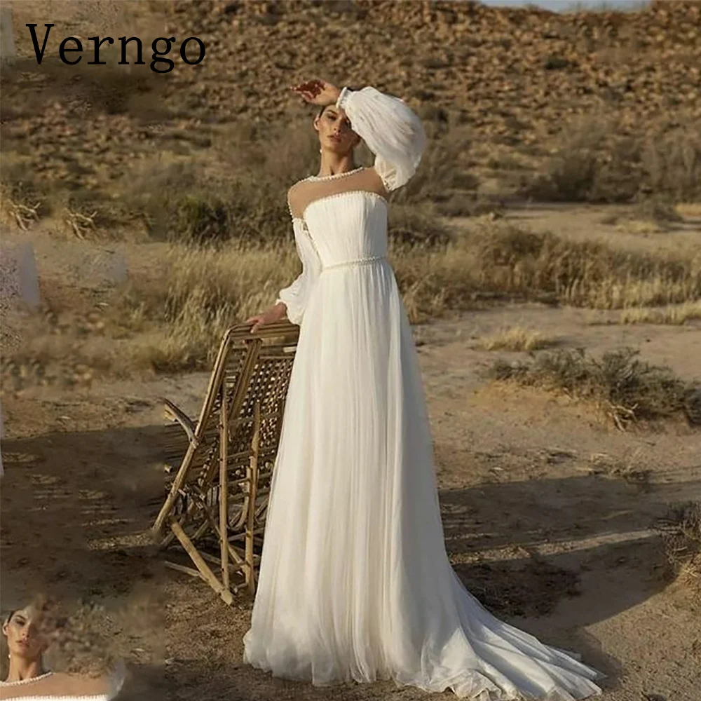 Verngo Beach Wedding Dresses Brush Train A-Line Bride Dress Long Sleeve Jewel Neck Lace Beading 2024 Summer Boho Bridal Gowns