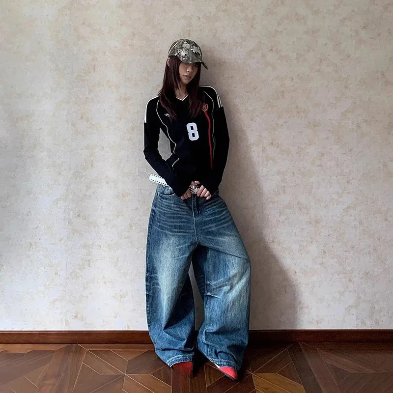 

Женские винтажные синие мешковатые джинсы Y2k Harajuku, джинсовые брюки в американском стиле ретро 2000-х годов, большие брюки-бойфренды