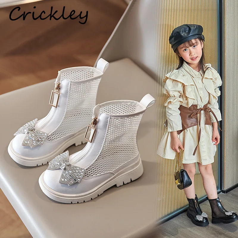 Spring Summer Girls Fashion Boots Rhinestones Bow Mesh Breathable Kids Ankle Shoes Zipper Soft Non Slip Children Chelsea Boots