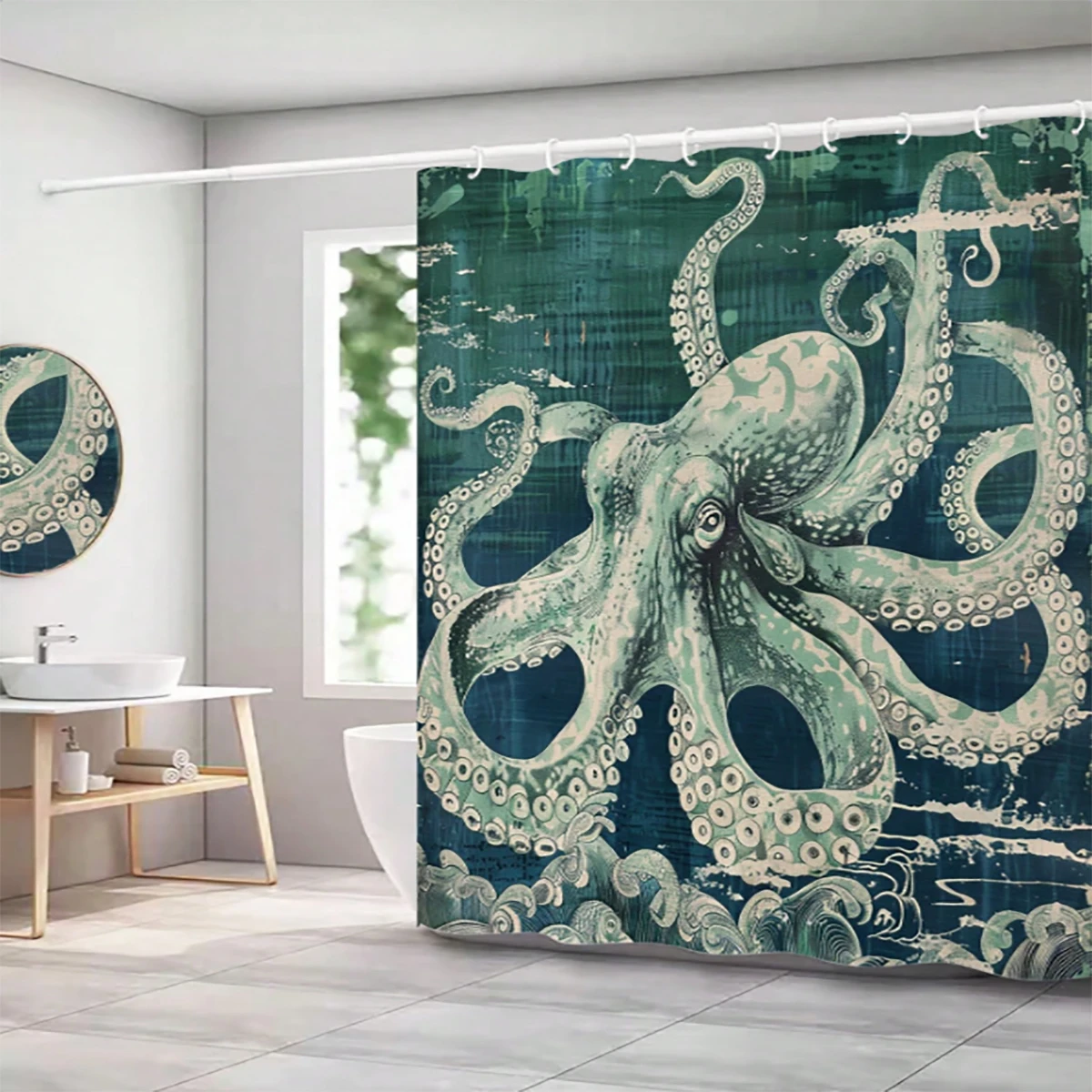 1 pc octopus patterned polyester material shower curtain waterproof fabric, thickened anti mold partition curtain for bathro