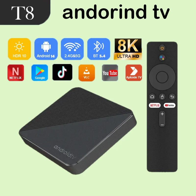 Smart T8 8K Media Player TV Box Android14 Google Voice Assistant Rockchip RK3518 Storage Dual WiFi Bluetooth 5.4 New TV Box Gift