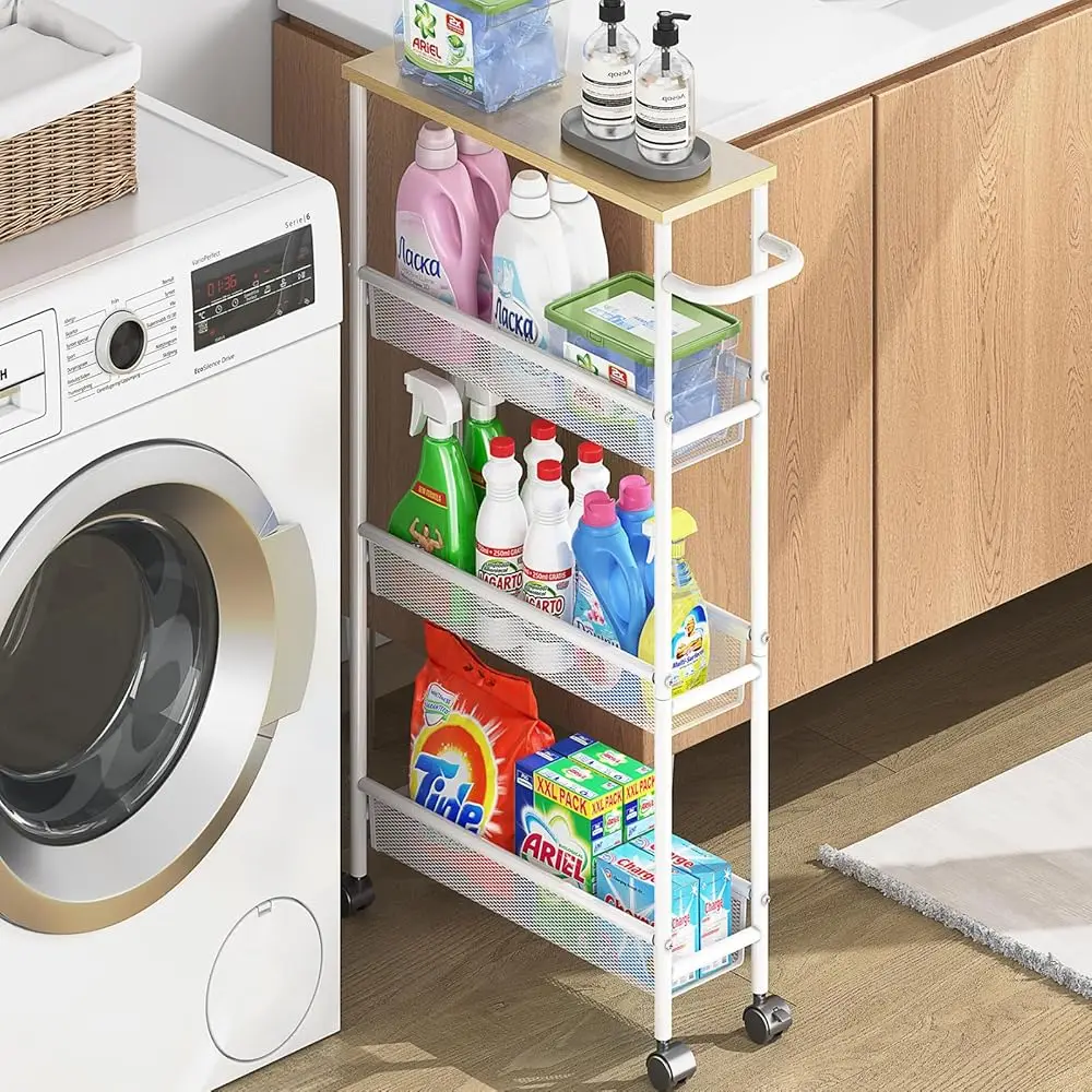 

Slim Rolling Storage Cart, 4 Tier Narrow Utility Cart Bathroom Organizer Shelving Unit With Wooden Top And Handle, For Laundry