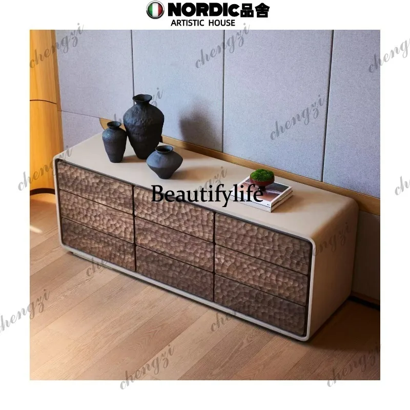 Wabi-sandy wind creative solid wood chest medium ancient style hammer pattern designer nine chest cabinet storage cabinet