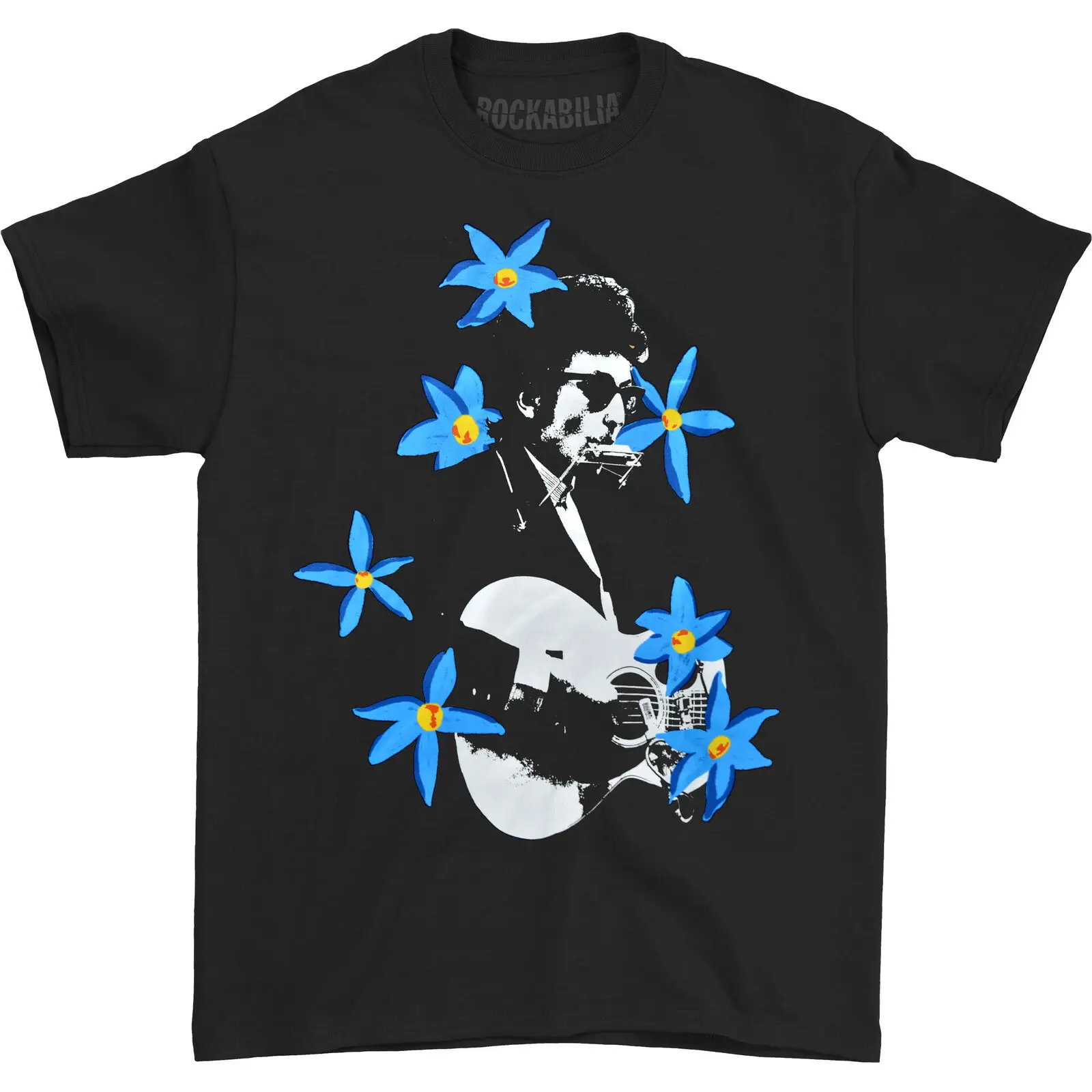 Men'S Bob Dylan Blue Flowers Rockabilia Exclusive T Shirt Small Black