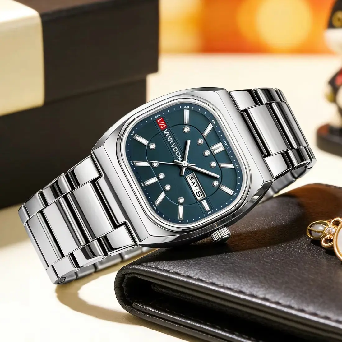 VA VA VOOM Men Watch Silver Stainless Steel Quartz Movement 40mm Ovality Case Weekly Calendar Quartz Movement Couple Men Watches