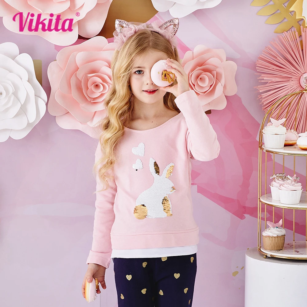 VIKITA Girl Long Sleeve Autumn Spring O Neck T Shirt Kids Rabbit Sequined Appliqued Cotton Casual Tops and Tees Children Clothes