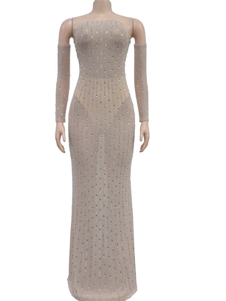 Beyprern Beautiful Rhinestone Sheer Mesh Maxi Dress With Gloves Glam See-Through Diamonds Long One-Piece Dress Birthday Outfits