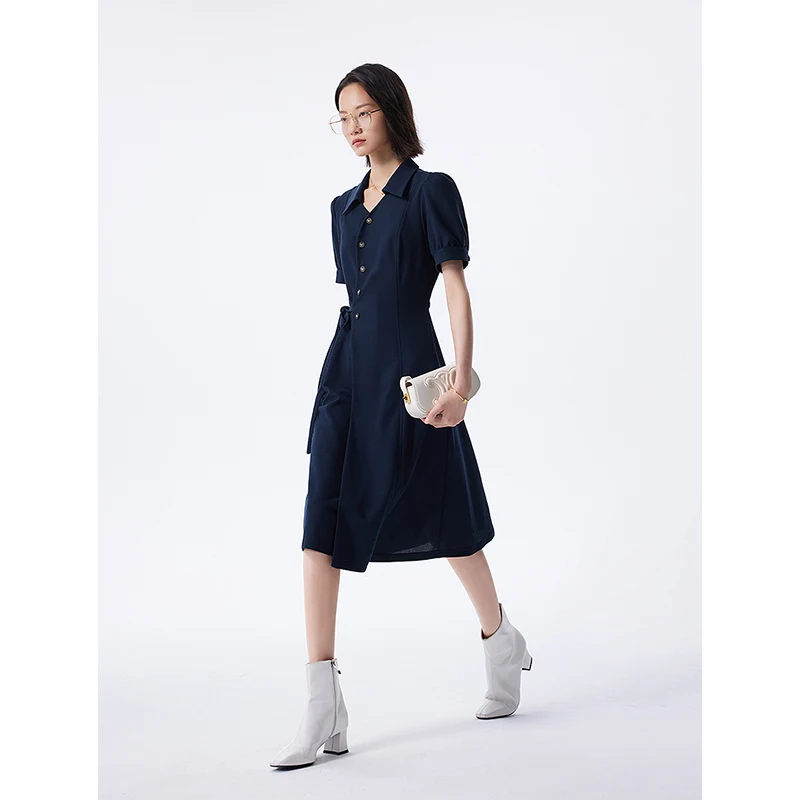 TOYOUTH Women Dress 2024 Summer New Lace Up Waistband Turn Down Collar Buff Sleeve Casual Mid Length Luxury Navy Fashion Dress