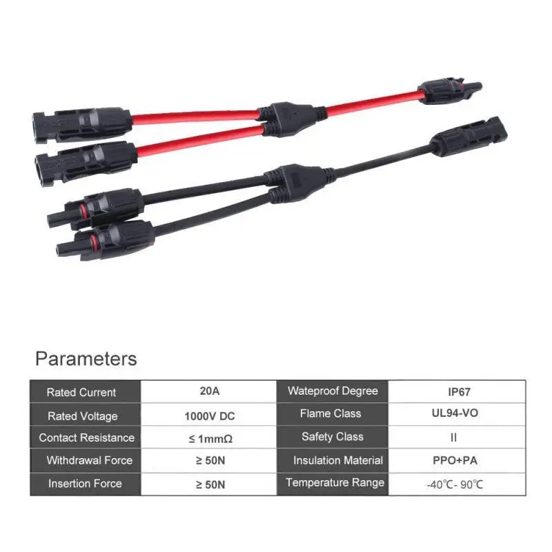 Power Solar Connectors 20A Y-Branch Cable, Solar Cable Parallel Adaptor In Pair For Solar Panel 1*M/FF+1*F/MM Black Red Power