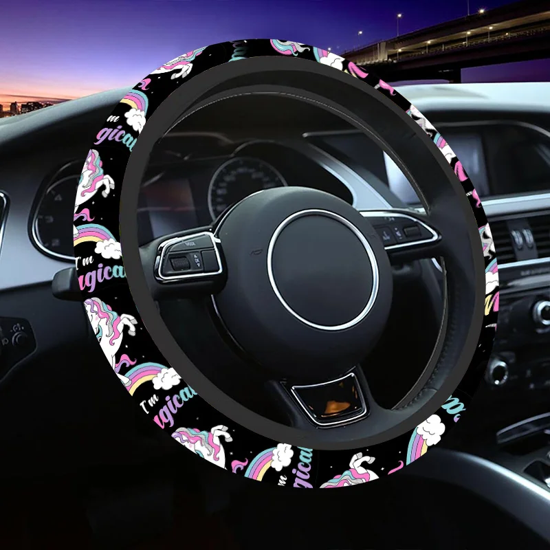 Magical Unicorn Rainbow Pattern Steering Wheel Cover, Fantasy Style Anti-slip Steering Wheel Cover, Easy Installation