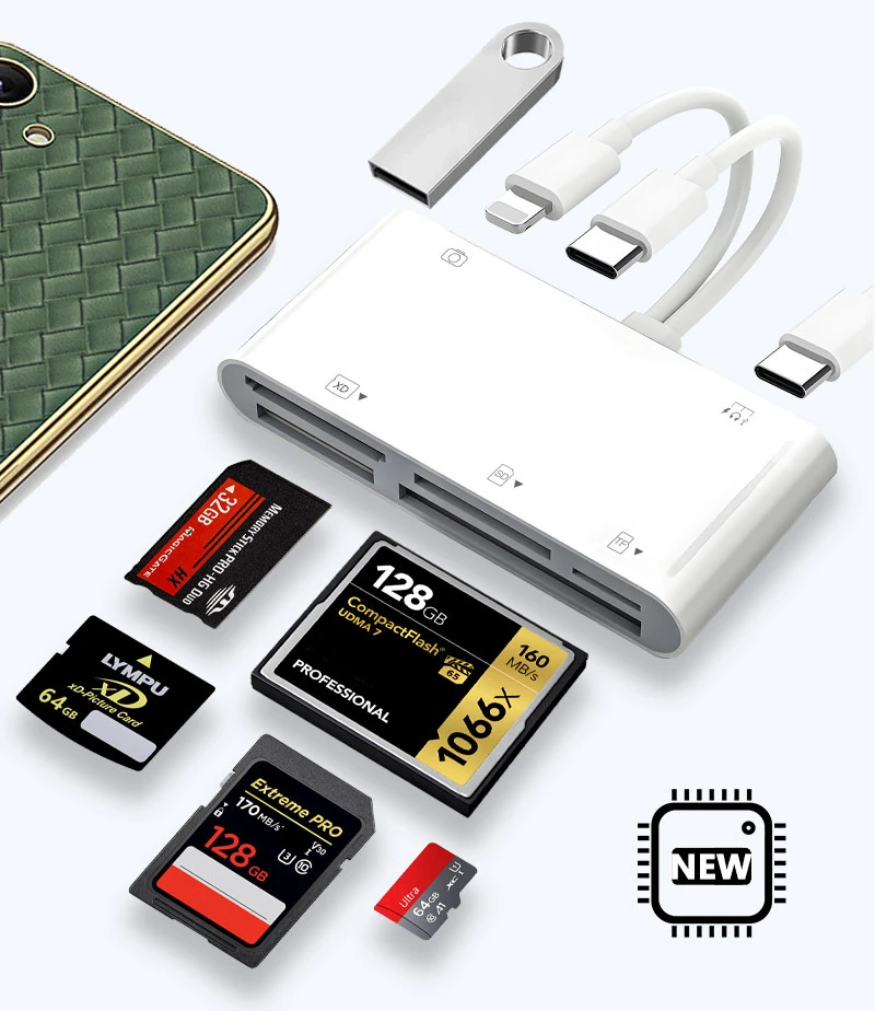 Lightning TypeC to SD & TF Card USB Camera Adapter for iPhone iPad,  Card Reader USB Dongle for USB Flash Plug & Play