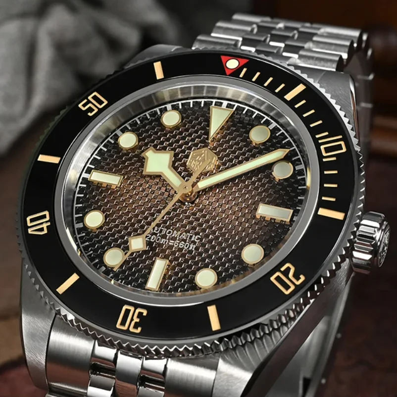 San Martin Men Automatic Watch 40MM Mechanical Wristwatch Diver 20ATM Luminous Sapphire NH35 Ceramic Bezel Gradient Waffle Dial