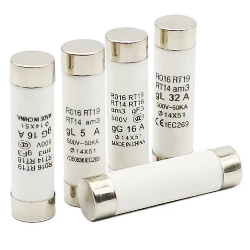 Tubo fusível cerâmico 20 peças 14x51mm 10a/20a/32a/40a/50a/63a500v r0 fusível ro16 núcleo