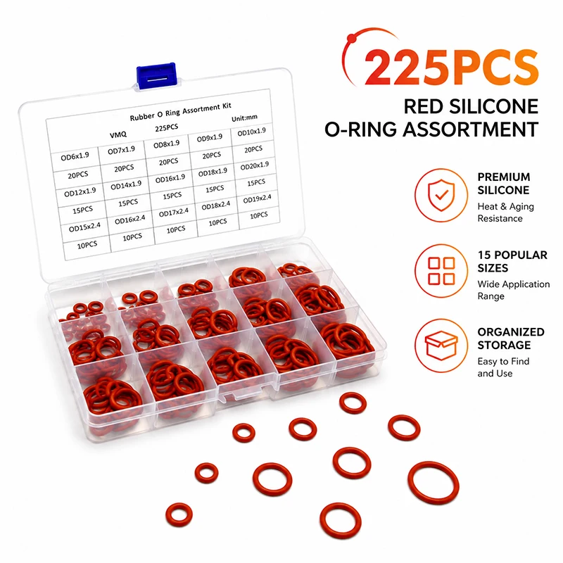 225 Pieces of VMQ Red Silicone O-ring Set, CS 1.9mm/2.4mm Outer Diameter 6-20mm Outdoor Equipment Weather Resistant Sealing Set