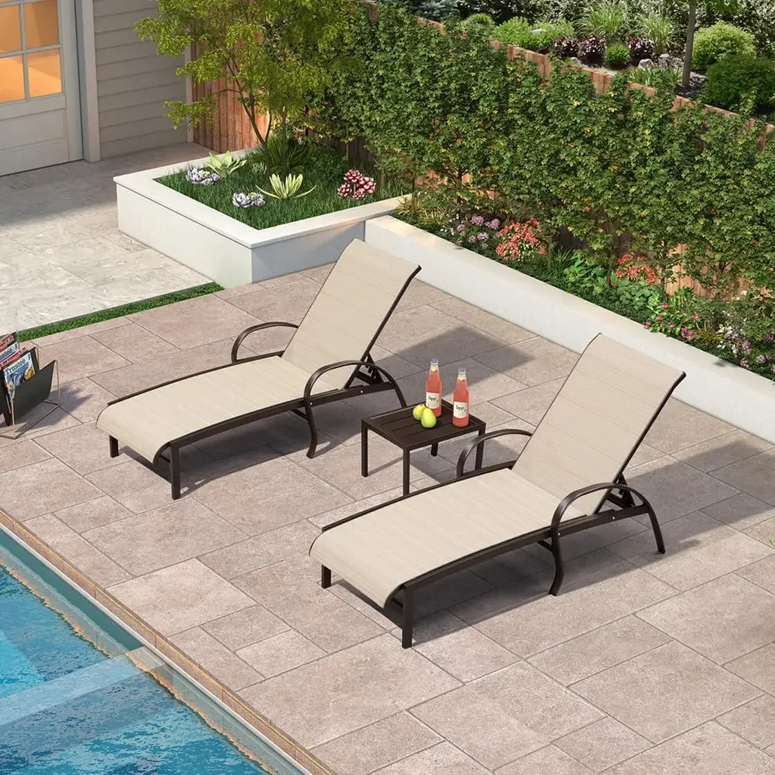 Outdoor Chaise Lounge Chair Set of 3 Patio Pool Lounger Aluminum Chairs with Side Table Adjustable Tanning Recliner for