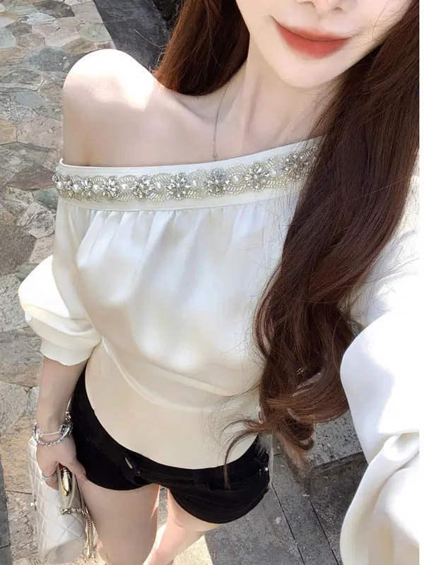 

Уникальная модная шифоновая блузка с асимметричным вырезом на плече, украшенная стразами, приталенного кроя, в корейском стиле, для повседневной носки, с длинными рукавами