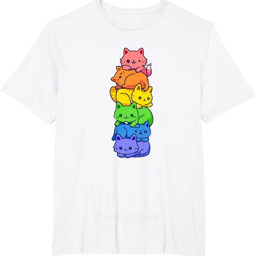 Gay Pride Cat LGBT Kawaii Cats Pile Cute Anime Rainbow Flag T-Shirt  Top  Women Clothes  Ropa Mujer